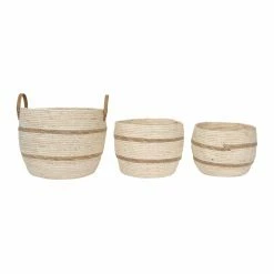 Wholesale โ Basket Sets 3R Studios Beige And Brown Maize Basket With Leather Handle - Set Of 3 ๐